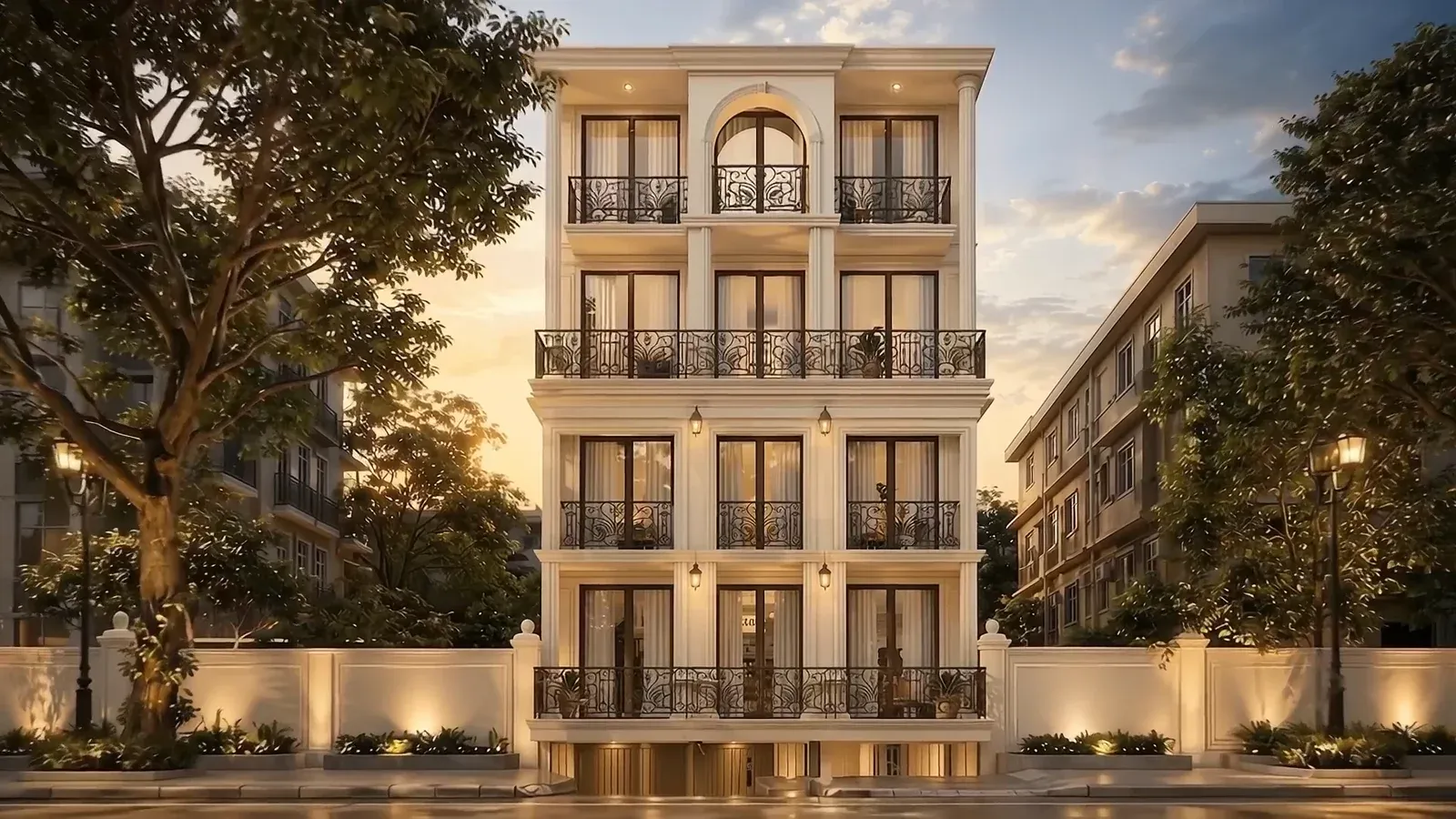 Classical stone facade of a four-storey South Delhi builder floor at dusk