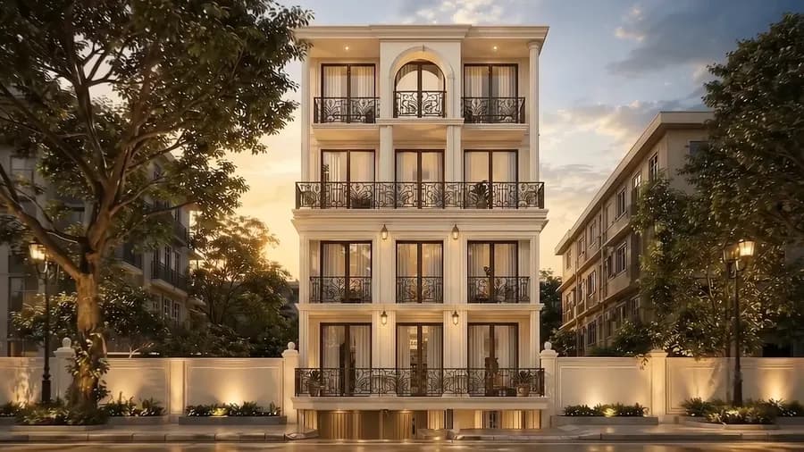 Classical stone facade of a four-storey South Delhi builder floor at dusk
