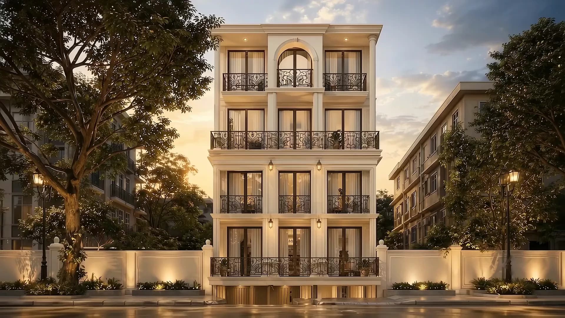 Classical stone facade of a South Delhi builder floor at dusk