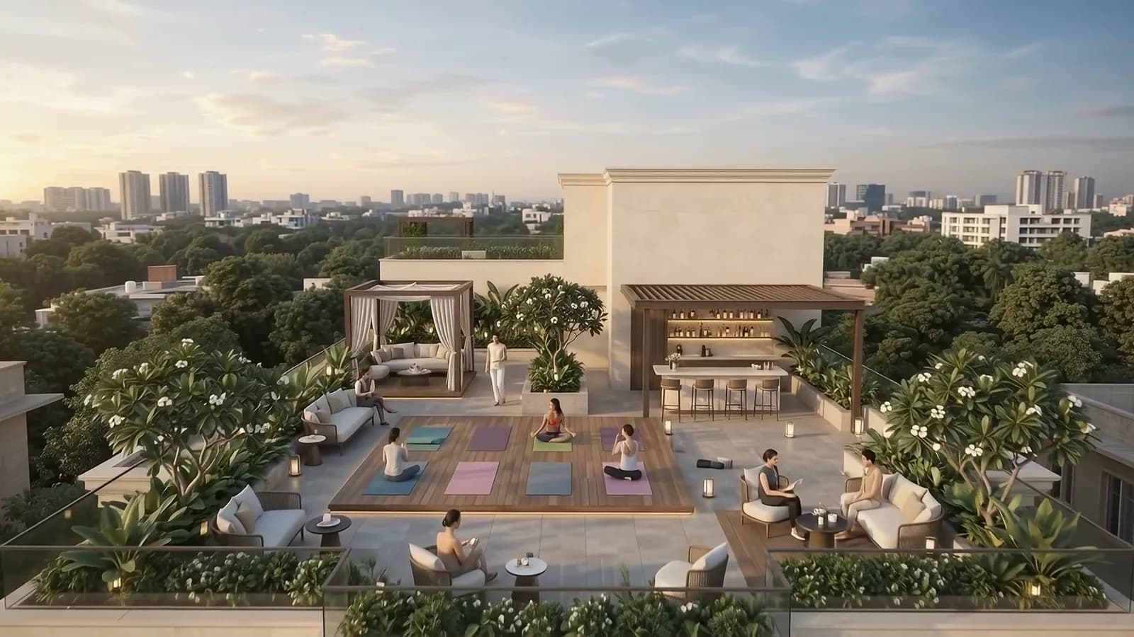 Landscaped roof terrace of a South Delhi builder floor at golden hour
